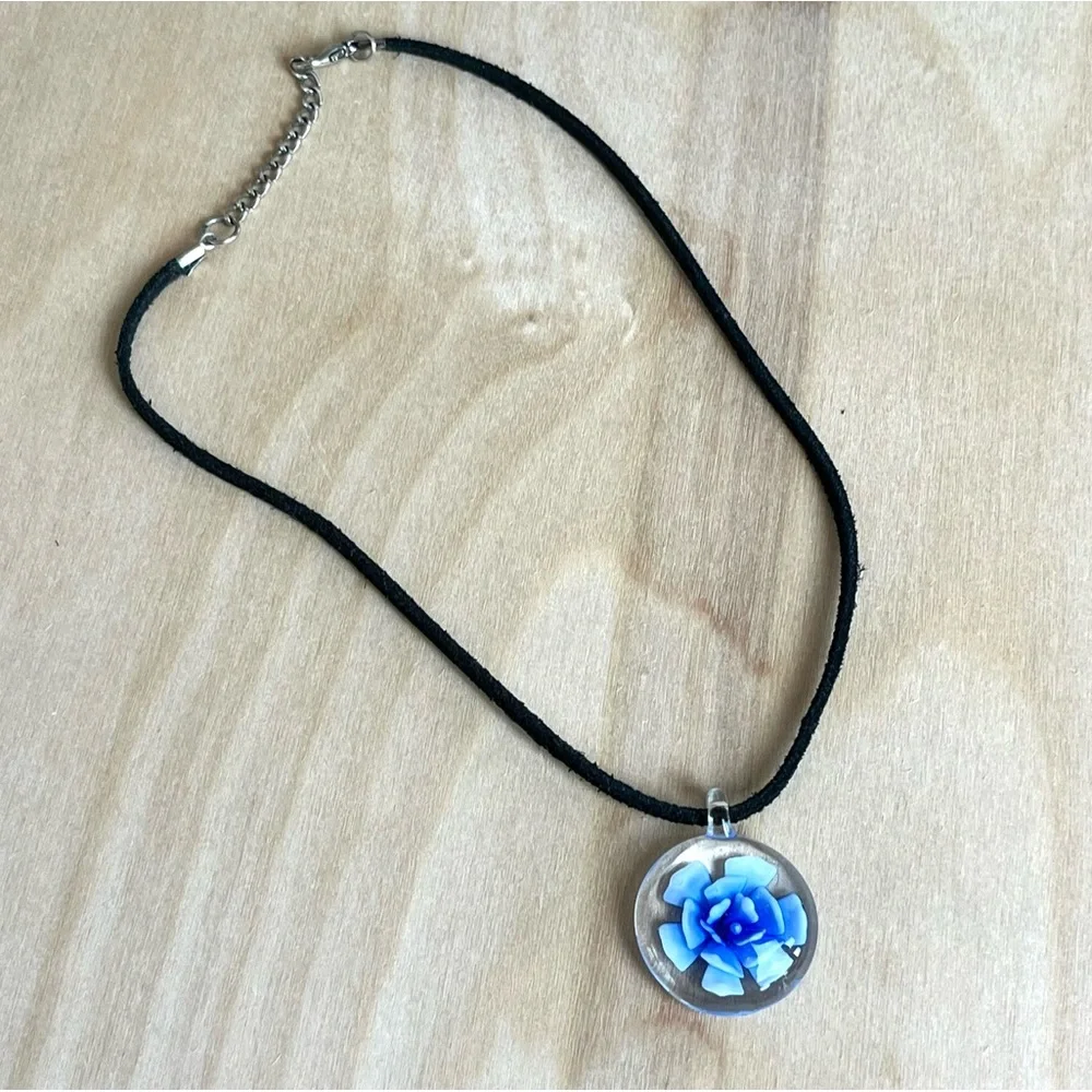 Blue Flower Glass Pendant Necklace